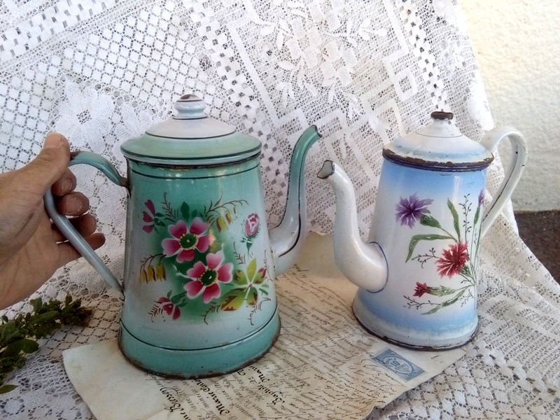 フランス アンティーク ホーロー 花模様 コーヒーポット 2点セット