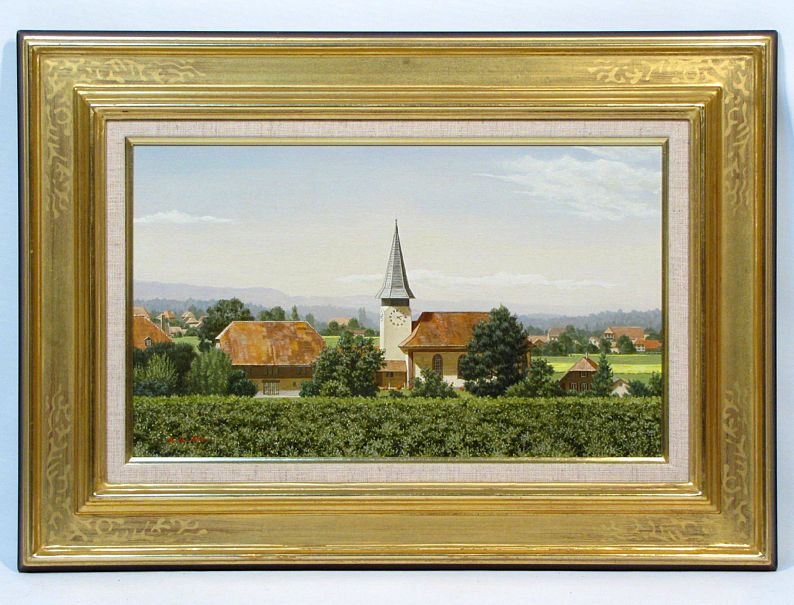 福田建之　「時計台のある村」　額装８号　三越百貨店シール　透明感漲ります