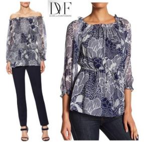 Sale新品DVFダイアンフォンファステンバーグ★CAMILAオフショルダー可トップス★2(7-9) ネイビー★$298