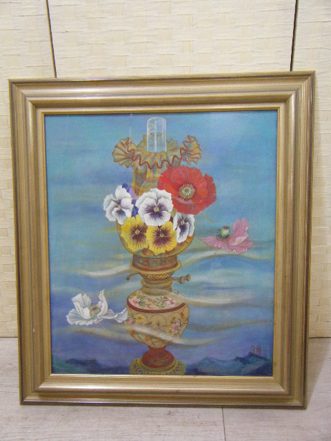 3り12★ 油絵 文周 作(春を呼ぶ) オイルランプと花 額装 | Oil Time 油絵 絵画 絵画教室アトリエ・バンビーノ