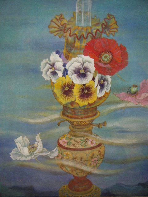 3り12★ 油絵 文周 作(春を呼ぶ) オイルランプと花 額装 | Oil Time 油絵 絵画 絵画教室アトリエ・バンビーノ