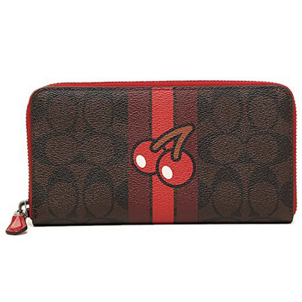 COACH F56718 財布 コーチ パックマン シグネチャー柄xチェリー ジップアラウンド 長財布 ブラウン/トゥルーレッド