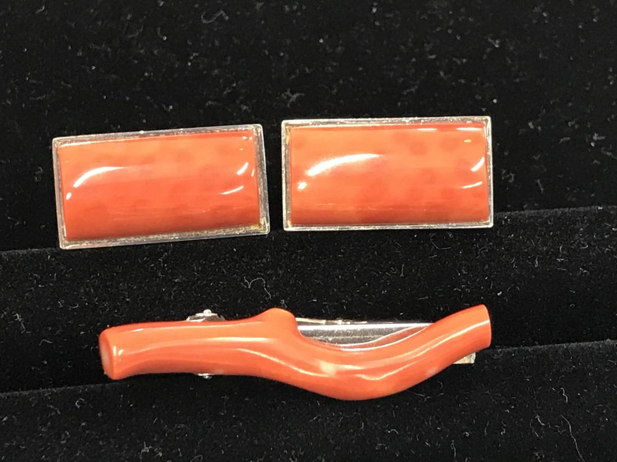 サンゴ 本珊瑚 カフス ヴィンテージ サンゴ 珊瑚 カフス ネクタイピン セット 昭和後期 日本サンゴセンター