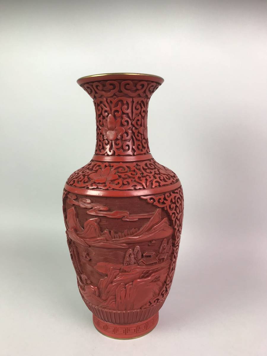 剔紅 堆朱 中国人物風景図大花瓶 花器 花生 銅製 時代物 唐物 WWWT052 唐物 堆朱 雕漆 細密山水文 風景図 花瓶 花器 花生 古玩 中国美術 高さ