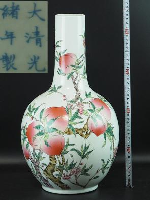 大清光緒年製】銘 粉彩九桃図大花瓶 高さ約44cm 唐物 中国古玩 AF3360