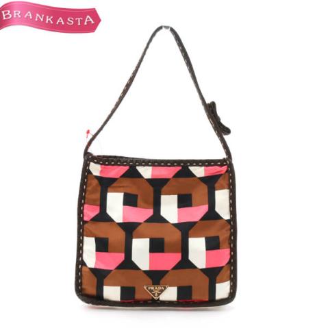 ★PRADA・プラダ★ミラー付き ミニトートバッグ★茶×黒×ピンク×白★[スプリングSALE]★18cd31