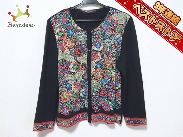 LEONARD レオナール カシミヤ シルク カーディガン 花柄 M ネイビー