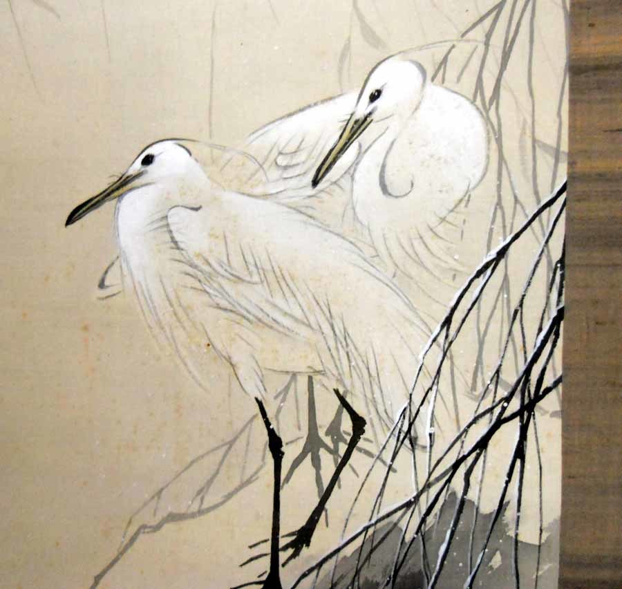 掛け軸掛軸 白鷺 日本 画 雪 中古 明治期人気日本画家 菱田春草 湖辺