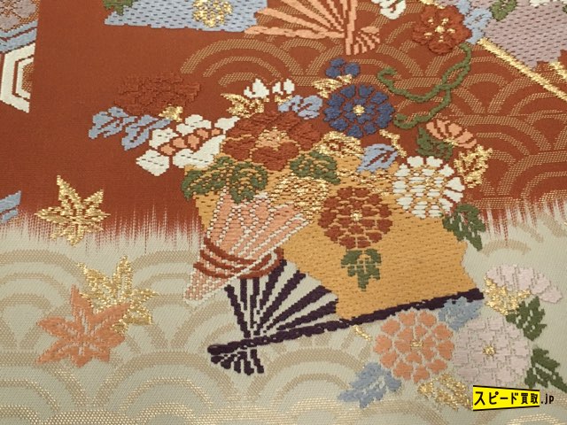 スピ買◇ 着物 1円 名品 袋帯 ベージュ 草花 扇 藤 桜 青海波 亀甲 