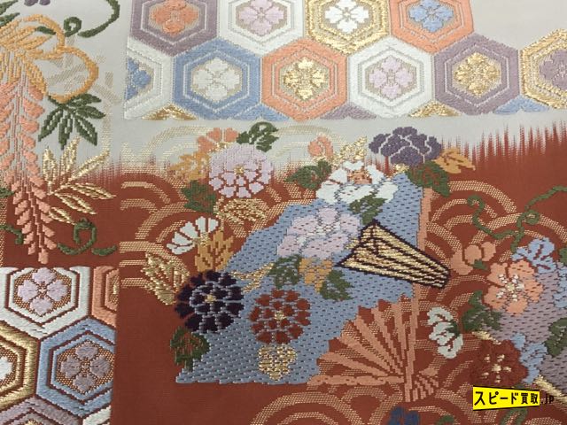 スピ買◇ 着物 1円 名品 袋帯 ベージュ 草花 扇 藤 桜 青海波 亀甲 
