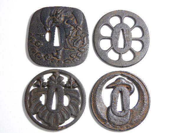1362/□鍔4点 石黒政明/越前住記内/信重/久七 鉄製 総重量525g 武具 刀 