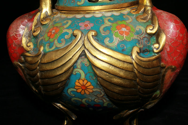 民間収集 銅胎景泰藍 琺瑯彩 七寶燒 神獣紋 香炉 熏香炉 古仏具 稀少 年代物 在銘