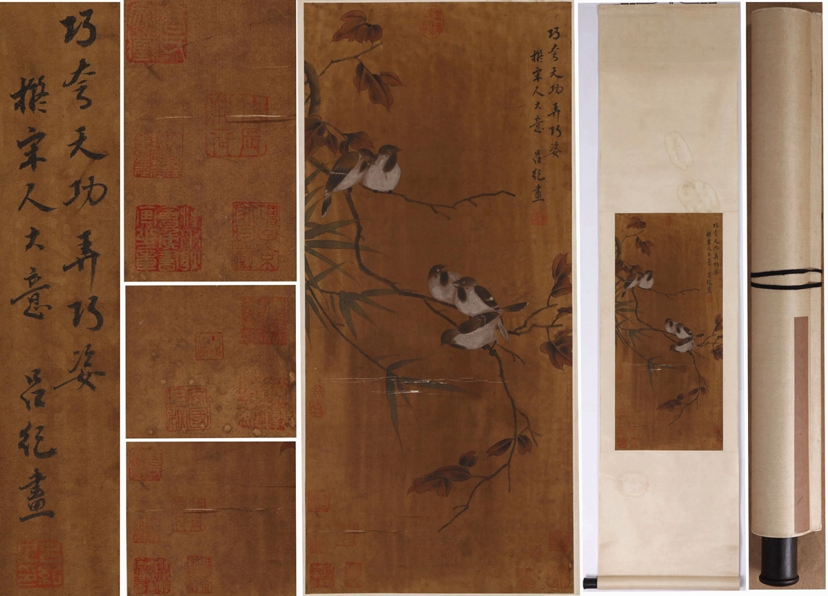 中国古美術.明時代.呂紀款.花鳥図.宣紙画.三尺手描き.旧蔵出.文房置物.唐物 中国古美術.明時代.呂紀款.花鳥図.宣紙画.三尺手描き.旧蔵出.文房置物