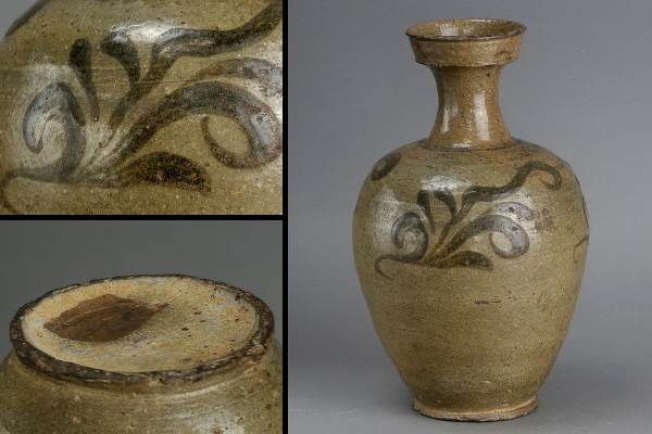 朝鮮美術 絵高麗 鉄絵 盤口瓶 /朝鮮/ 高麗青磁 鉄絵草文