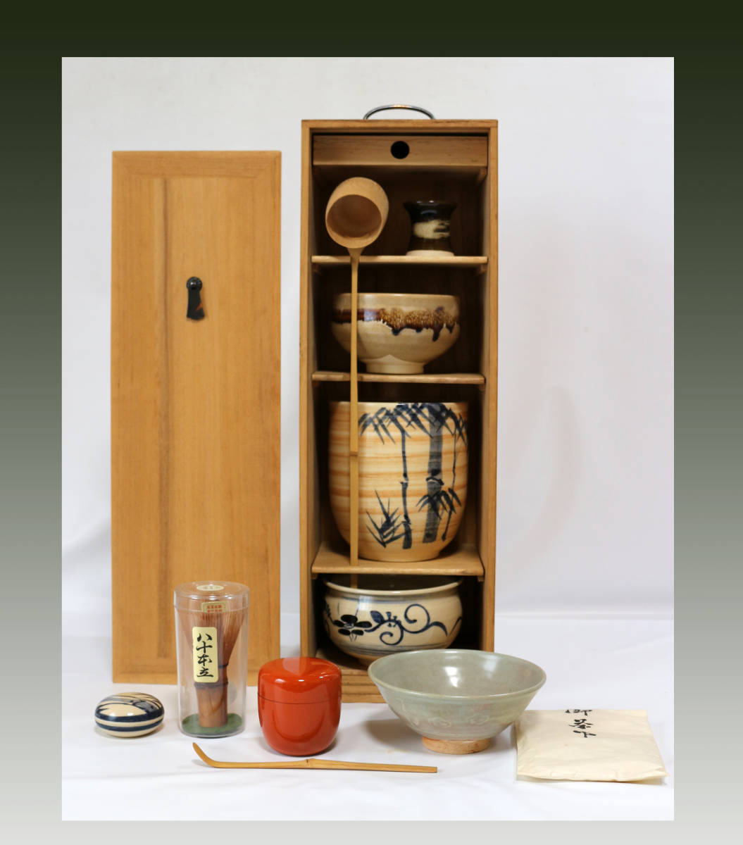 未使用品☆桐短冊箱入茶道具11点セット○水指し・建水・茶碗・茶筅