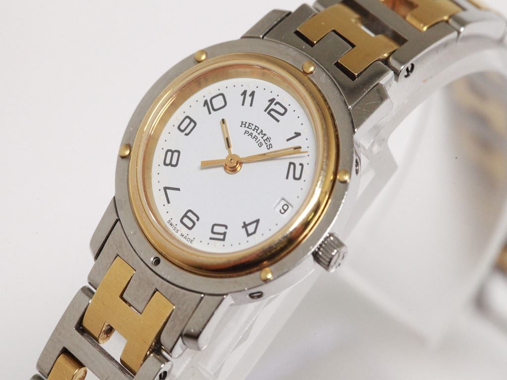 正規【HERMES/エルメス】クリッパー　CL3.240　スイス製　デイト　白文字盤　Hロゴブレス　コンビ　QZ　レディース腕時計　ツ567