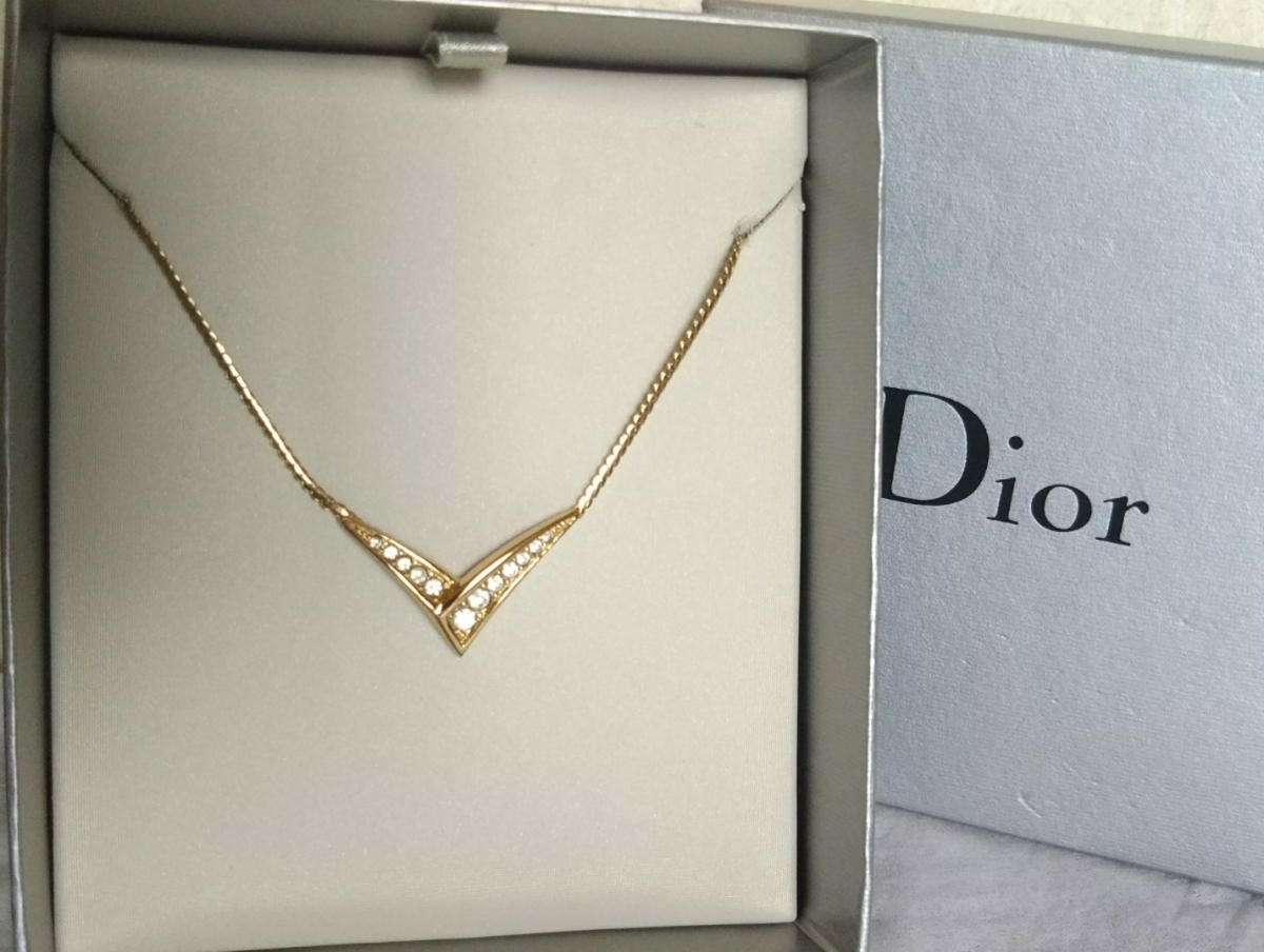 Christian Dior クリスチャン・ディオール ゴールド色 ネックレス ラインストーン s966