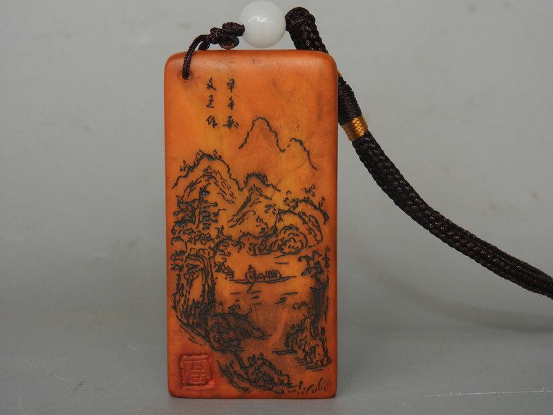 大珍品 寿山石手彫 山水図 文房具 書道品 印材 印鑑、スタンプ 根付 在銘