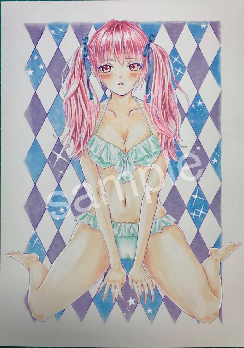 手描きイラスト オリジナル 水着の女の子 ピンク髪 ツインテール A4白