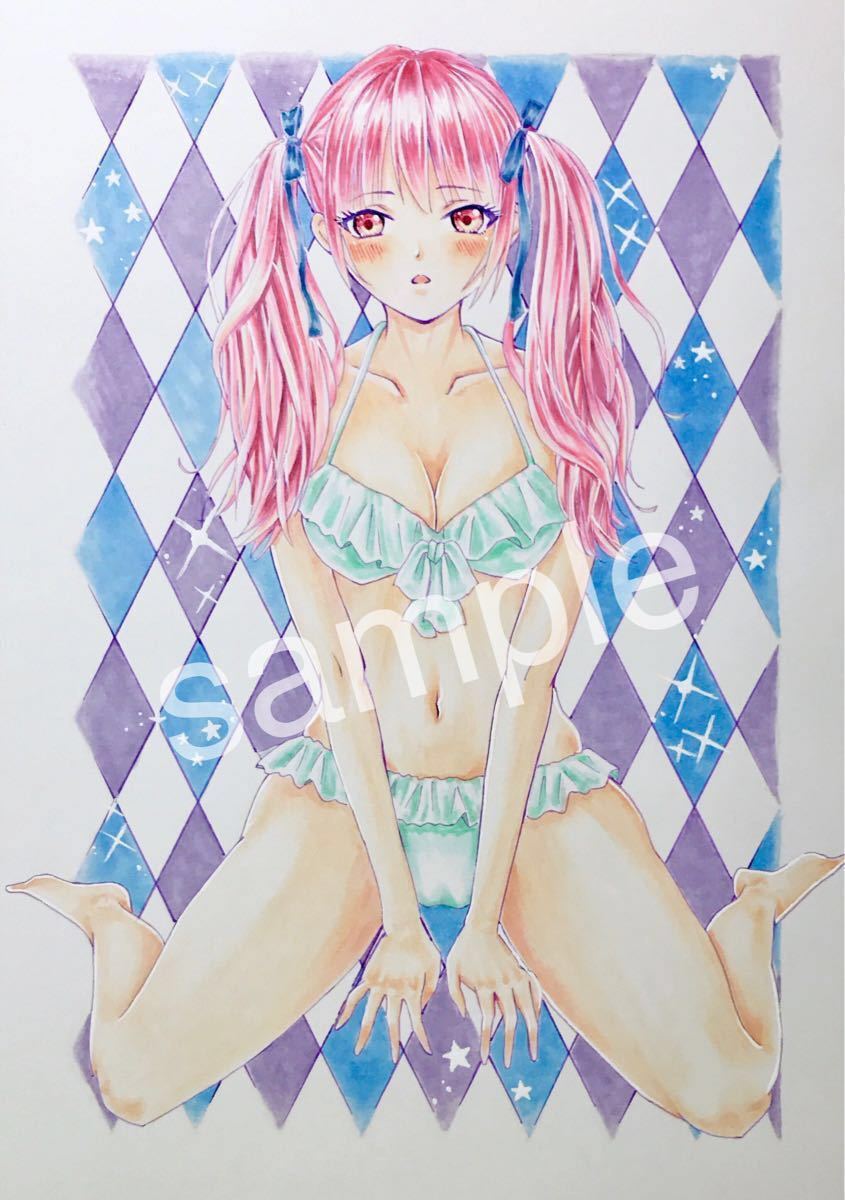 ビキニ女性キャラクター手描きアート 手描きイラスト オリジナル 水着の女の子 ピンク髪 ツインテール A4白