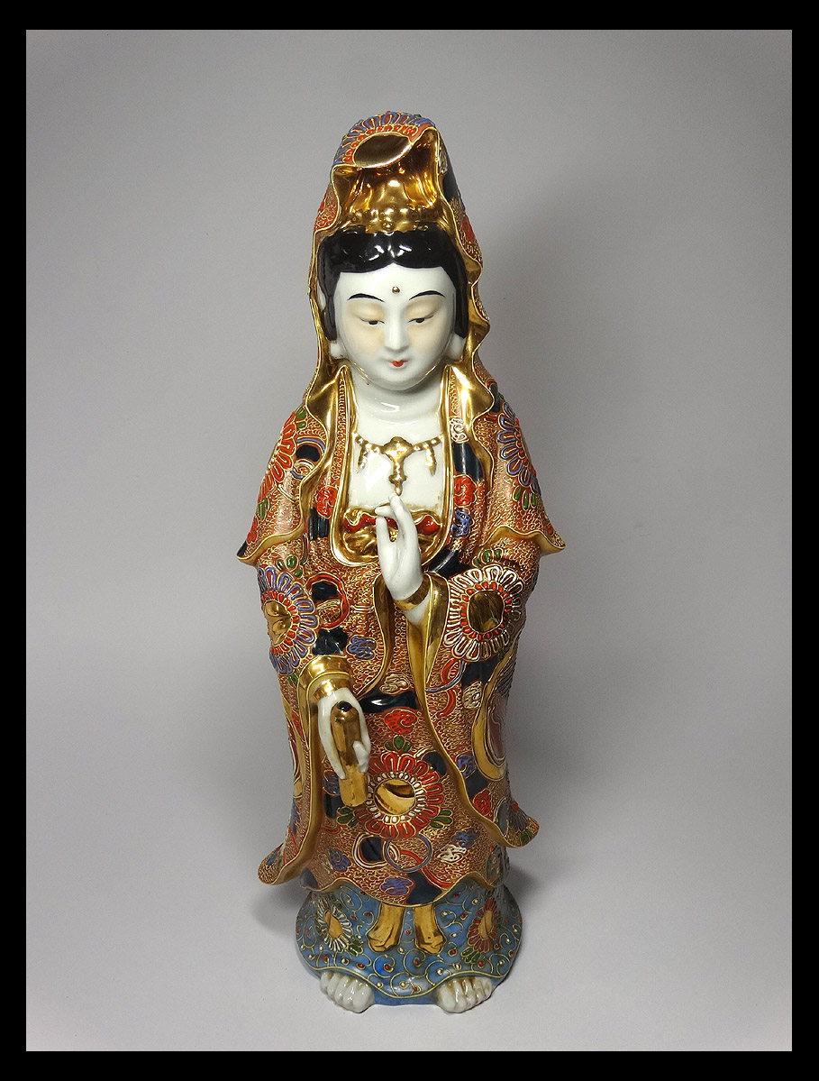 三彩観音菩薩立像 陶器 仏像 置物 三彩観音菩薩立像 陶器 仏像 置物 観音菩薩 九谷焼」「菊元仙谷」窯元