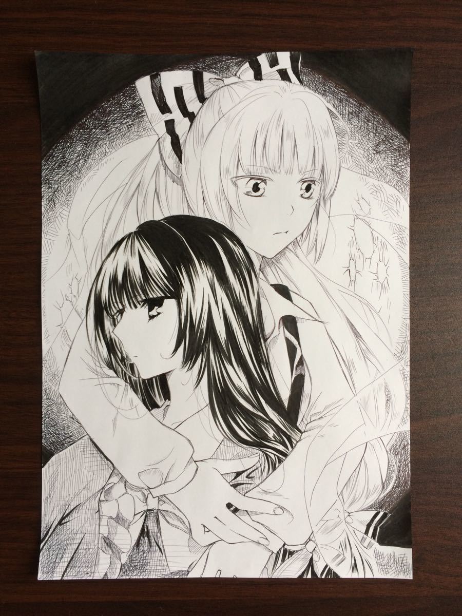 手描きイラスト A4 東方 東方プロジェクト てるもこ 蓬莱山輝夜 藤原妹