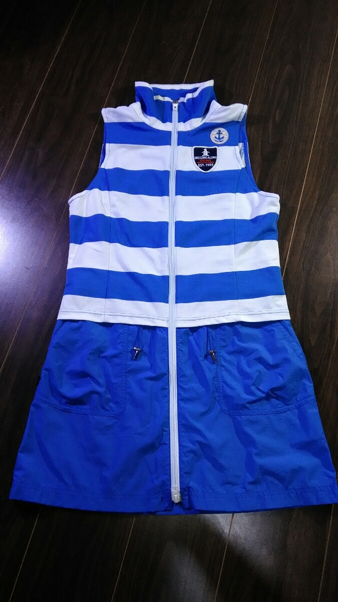 美品/Munsing wear/マンシングウェア/ボーダー/ワンピース/golf/ゴルフ/スカート/メッシュ生地/SPORT/ノースリーブ/ブルー/青