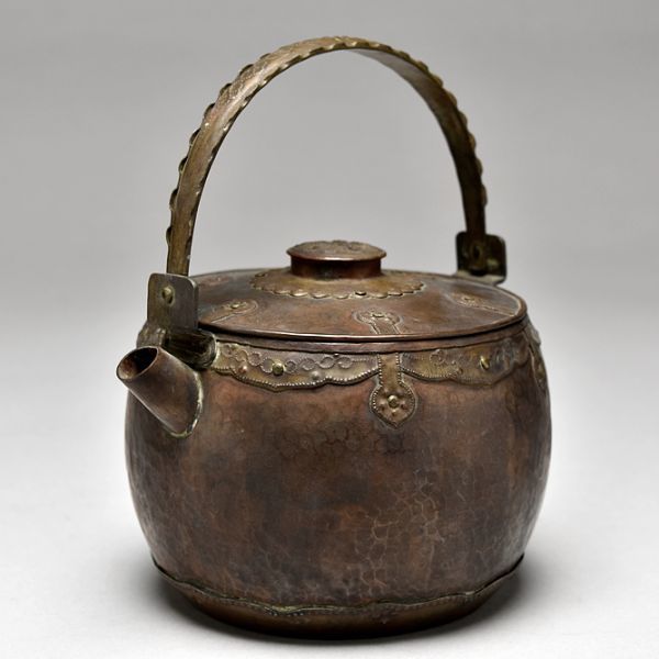 毛織銅製 槌痕 唐草文 提梁 湯沸 合箱 】 金工 銅器 煎茶道具 茶器