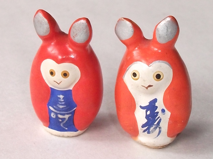 珍品 地方紙『 上毛新聞 』のキャラクター ミミズク人形　ヴィンテージ品 古い 豆人形 赤みみずく 2体 張り子 郷土玩具 ふくろう ミミズク 日本