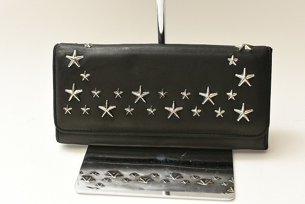 MN-0118 JIMMY CHOO 財布 ウォレット 二つ折り 長 スター 星 鋲 スタッズ レザー 革 イタリア製 黒 ブラック