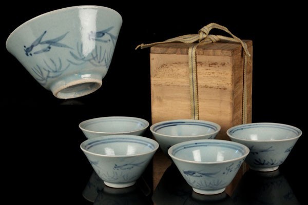 煎茶碗　時代 五客　合わせ箱入 時代 染付 煎茶碗 五客セット 箱付 骨董品 古美術品 37527 【公式通販】