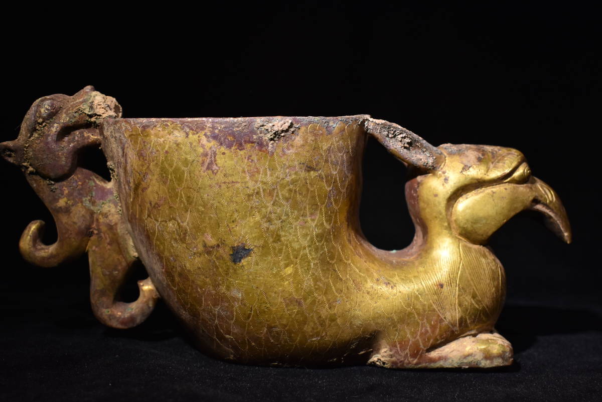 明治期 銅製 金工細工 爵 酒盃 酒器 置物 飾り物☆時代物☆ 古唐物 発掘品 銅製 真金鍍霊獣 鳳尊 爵 角杯 酒