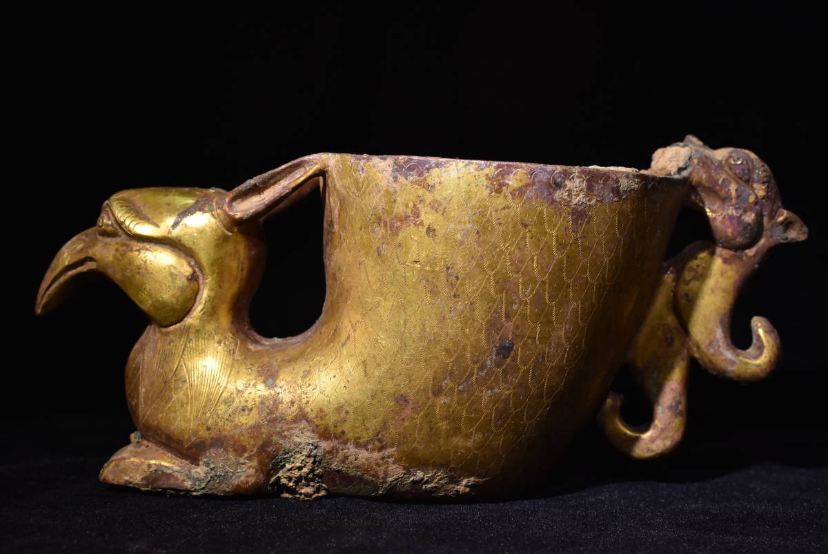 古唐物 発掘品 銅製 真金鍍霊獣 鳳尊 爵 角杯 酒