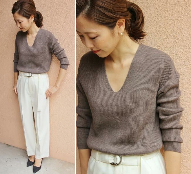 美品*Plageプラージュ*定17，280*リブVネックニットプルオーバー*ブラウン（セーター