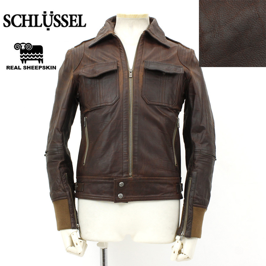 美品！SCHLUSSEL シュリセル 3407-101羊革 オイルド ラムレザー 襟付き シングル ライダースジャケット 茶 L