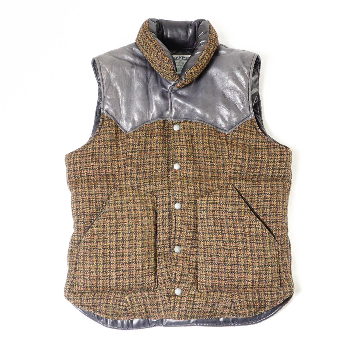HALLIS TWEED ダウンベスト レザー使用 茶系 AMERICANWEAR ハリスツイード 中綿 Mサイズ
