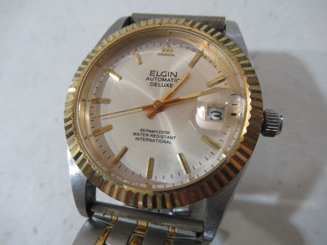 ◆◆ELGIN FK-1007E AUTOMATIC DELUXE 200M 腕時計 自動巻き オートマチック デイト アナログ 3針 エルジン 動作品◆◆！！