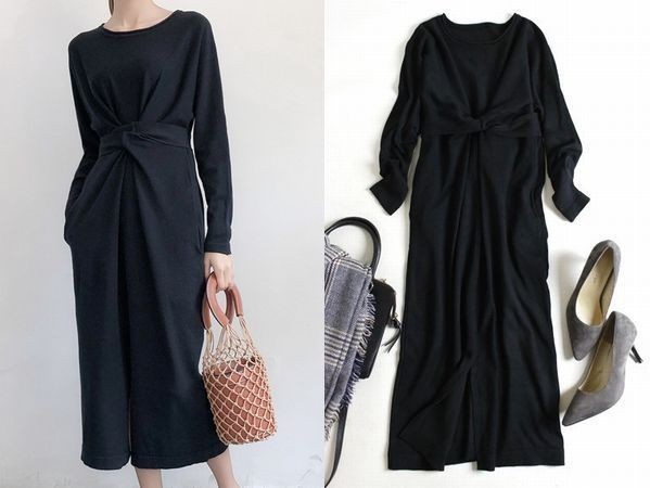18'新品*ロングミモレ丈 素敵ドルンマン袖ラウンドネック 美シルエット大人ニットワンピース*ブラック 日本未入荷