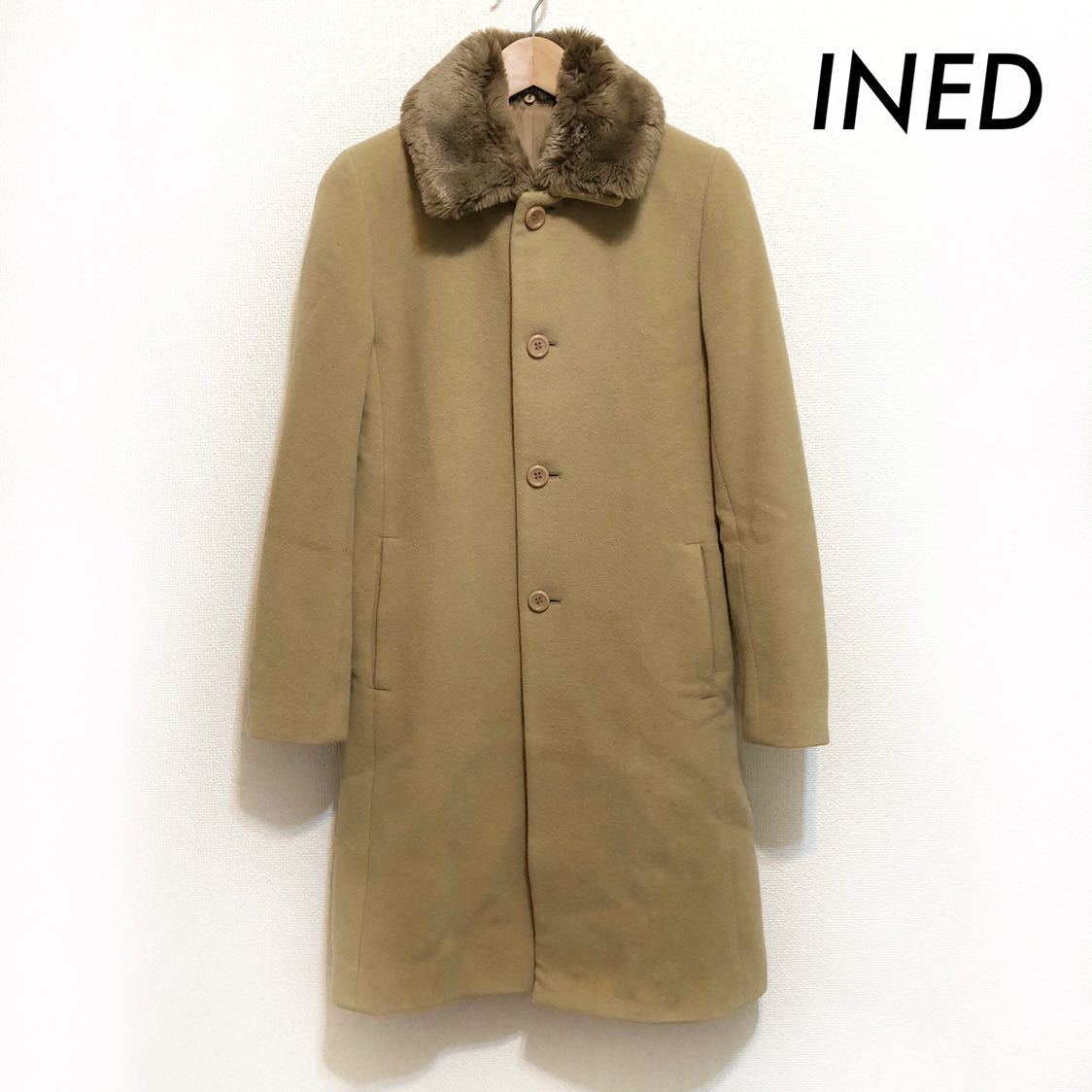 INED☆アンゴラコート☆キャメル9号 INED イネド☆ファー襟付き アンゴラ混