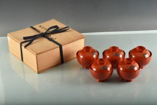 詩09278　真由美　鉄線蒔絵　輪島塗　吸物椀　五客　木製（本物保証）