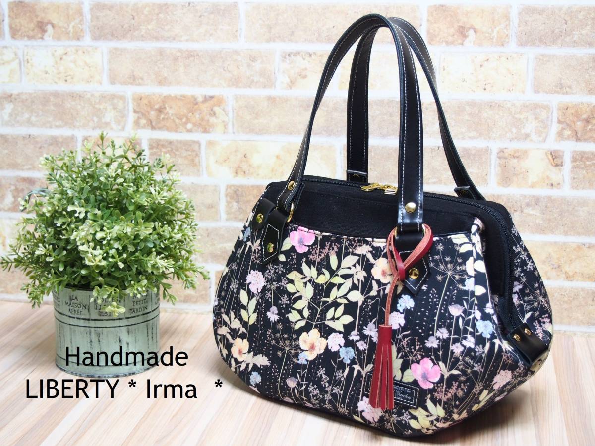Handmade LIBERTY ★ Irma イルマ ブラック＆ピンク ★ タナローン生地 ワイヤー3wayあおりバッグ♪ 