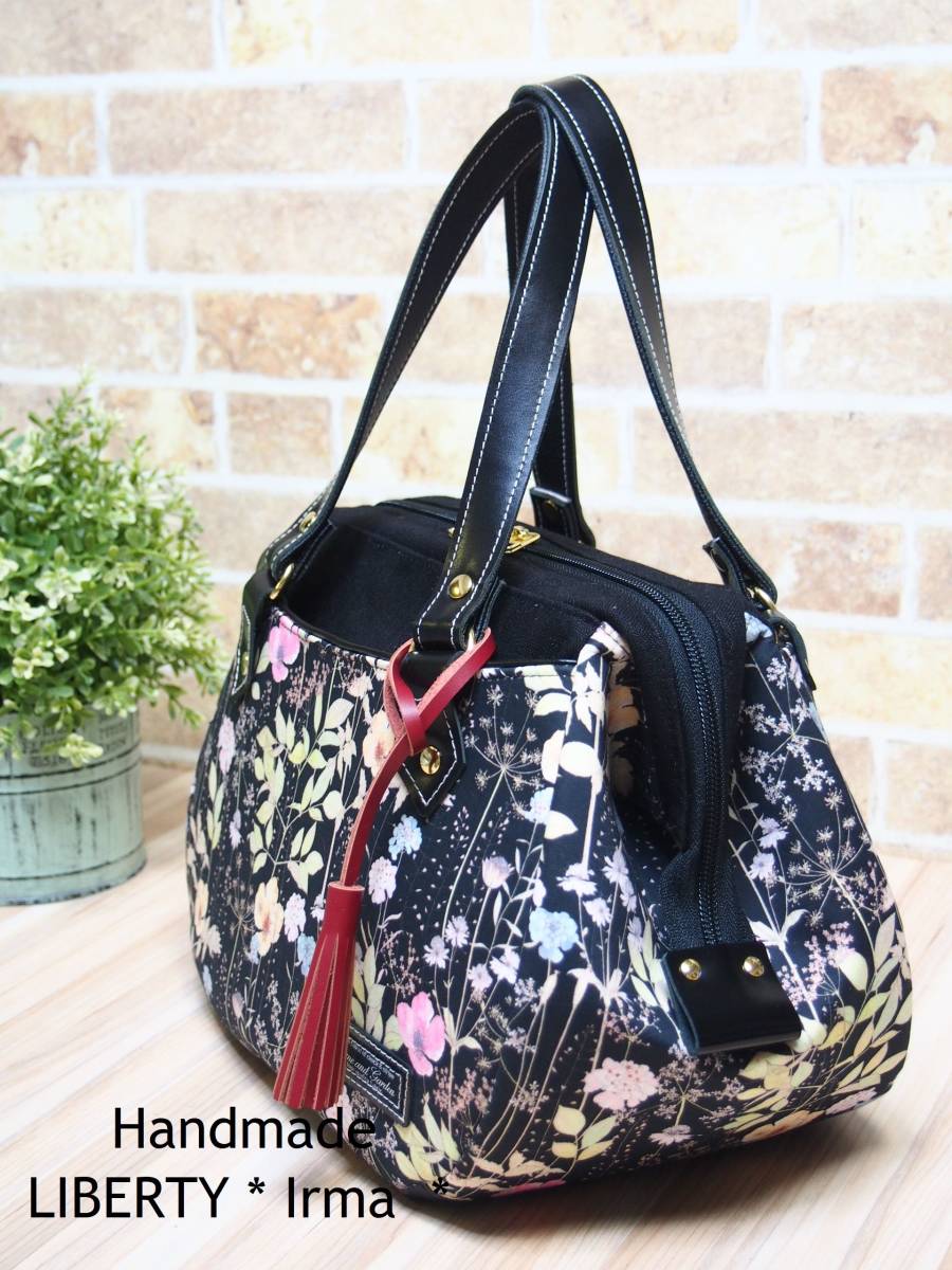 Handmade LIBERTY ★ Irma イルマ ブラック＆ピンク ★ タナローン生地 ワイヤー3wayあおりバッグ♪ 