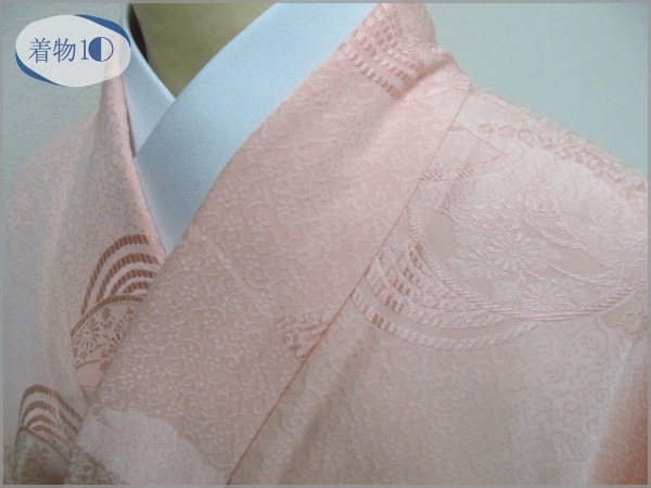★着物10★ 1円 絹 色無地 一つ紋 青海波 花唐草 袷 身丈164cm 裄66.5cm [同梱可] ☆☆☆