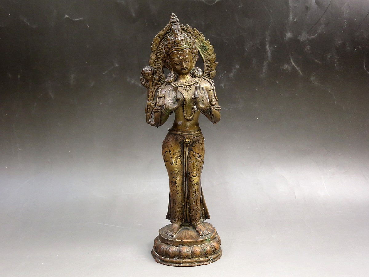 倉】チベット仏教《緑多羅菩薩立像》グリーンターラ 24cm 仏像/銅製