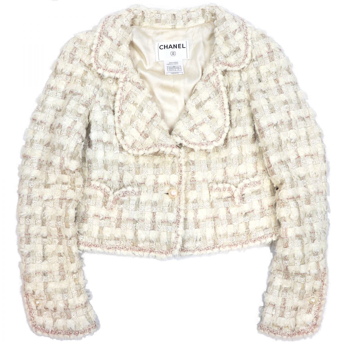 シャネル CHANEL 05A シルク混 ミックスツイードジャケット トリミング 