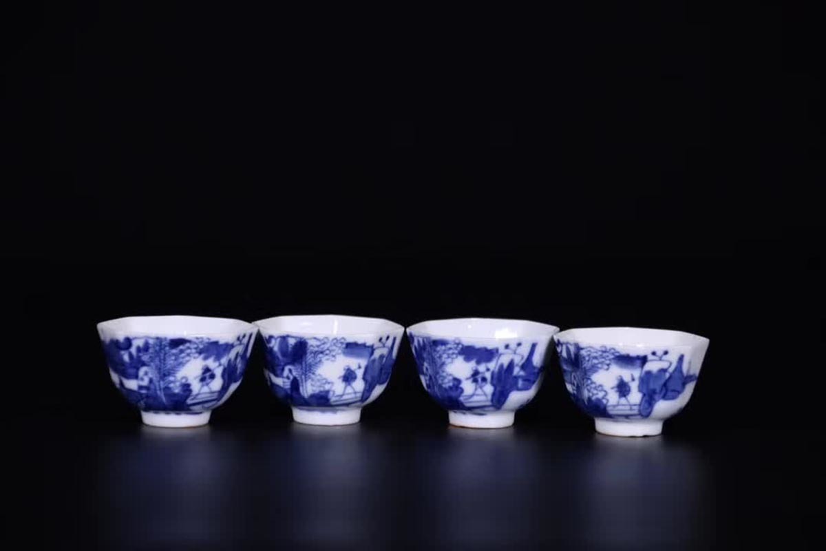 清『青花漁樵耕讀 八方杯』伝来 中国古董品 賞物 置物擺件 高さ4cm
