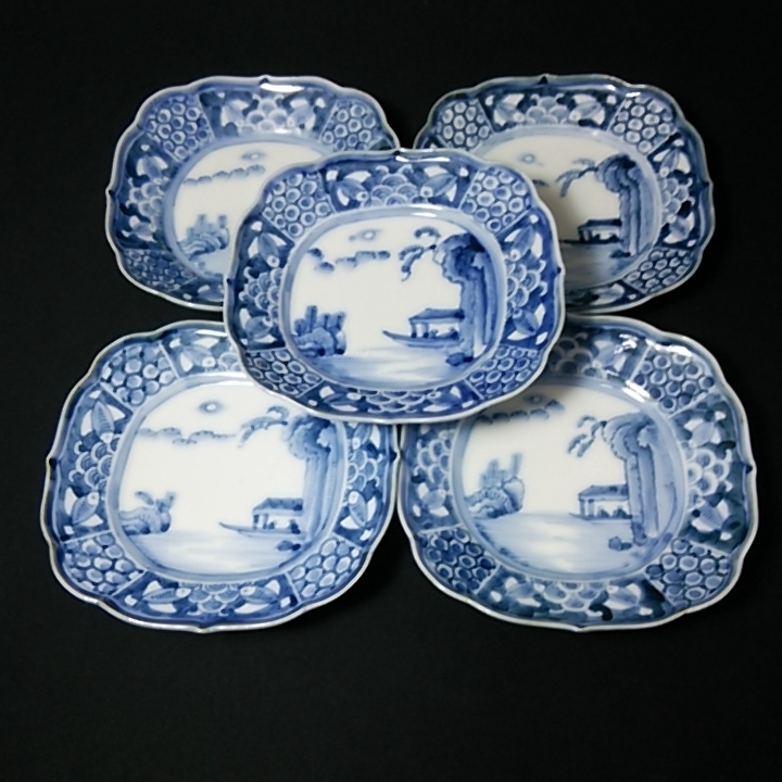 古九谷 青手 色絵 山水図 小皿5客 江戸後期 ☆野良里☆