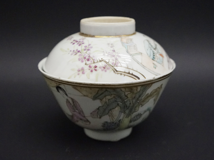 中国 美術 古玩 唐物 蝋印 団寿紋 款 唐子 粉彩 蓋付 茶碗 中国美術 古玩 蝋印 年代物 民国年造同治年製銘 唐物 色絵磁器 蓋付