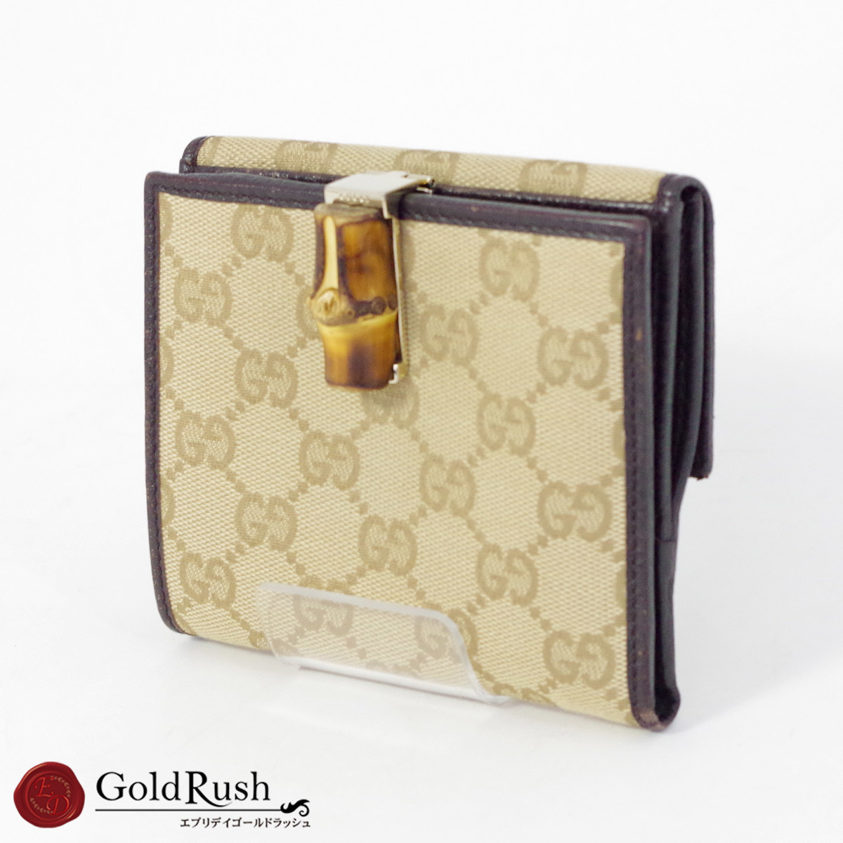 GUCCI グッチ 二つ折り財布 335970 バンブー Wホック財布 GG柄 ベージュ×ブラウン レディース メンズ【mo】【中古】