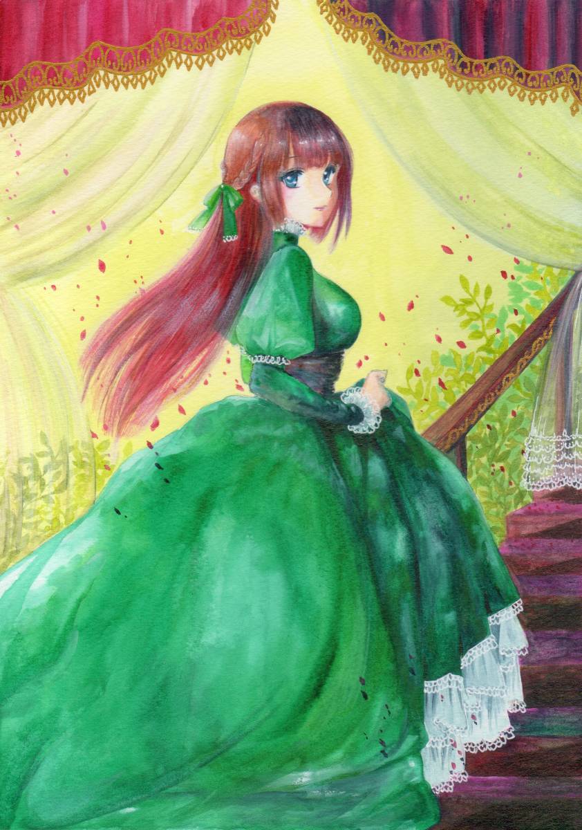 オリジナル・緑のドレスの女性・手描きイラスト・B5(手描きイラスト